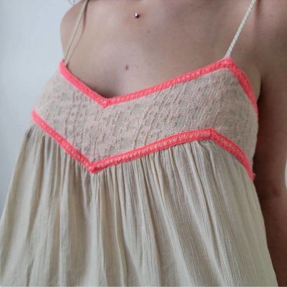 Cream Camisole with Pink Ruched Neckline and Spaghetti Straps - Picture 10 of 11